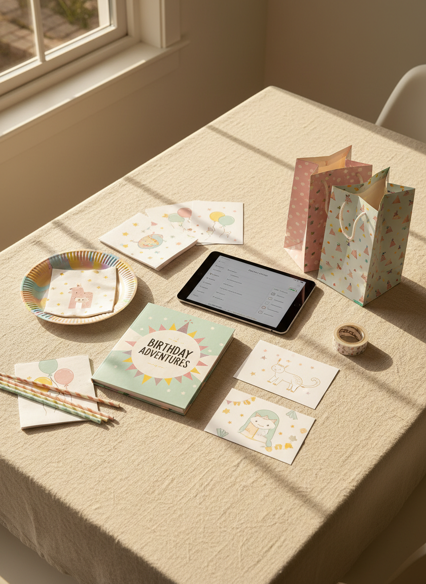 A bright dining table neatly set up as a birthday planning station, covered with a pale linen tablecloth and arranged with an open party planner notebook, a tablet showing a checklist, and sample invitation cards in playful yet minimalist designs. Nearby lie color-coordinated paper plates, napkins, and striped straws, all in soft pastel hues. A tidy stack of gift bags and a roll of washi tape sit to one side. Natural afternoon light streams in through a nearby window, creating a cheerful, photographic realism scene with warm highlights and soft shadows. Shot from a slightly elevated angle using the rule of thirds, the composition emphasizes clarity and order, evoking a professional yet relaxed mood perfect for planning children’s birthday parties without stress.