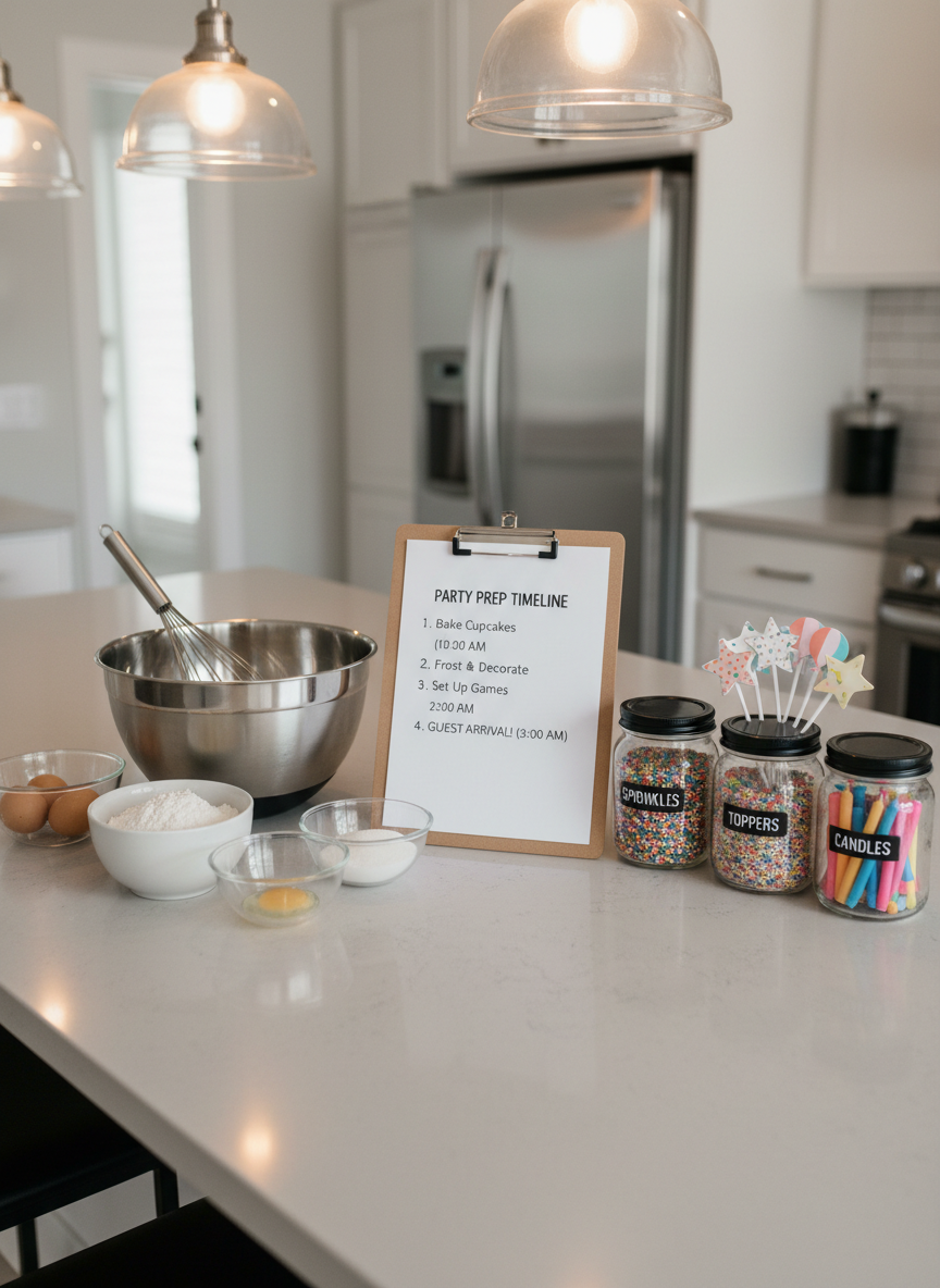 A long kitchen countertop arranged for a children’s birthday party prep session, displaying neatly lined baking ingredients, a mixing bowl with a whisk, and a printed step-by-step party timeline sheet held by a simple clipboard. To the side, labeled glass jars contain colorful sprinkles, paper cupcake toppers, and reusable birthday candles, all arranged in an orderly fashion. Soft warm pendant lighting from above casts inviting highlights on the stainless steel and ceramic surfaces, creating gentle shadows that add depth. Photographed from a slightly elevated three-quarter angle in photographic realism, with sharp focus on the checklist and tools while the modern kitchen background subtly blurs. The mood is organized, practical, and quietly festive, conveying that everything is under control for a stress-free children’s celebration.