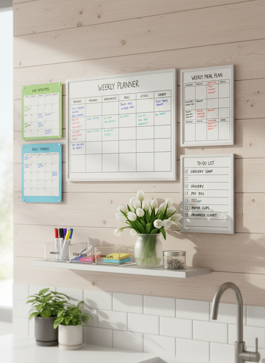 A large, well-organized family command center pinned on a light wooden kitchen wall, featuring a weekly planner board, color-coded calendars, a meal plan sheet, and a to-do list, all written in neat, legible handwriting. Below, labeled storage trays hold markers, sticky notes, and paper clips, next to a small vase with fresh flowers. Soft morning daylight enters from an unseen window, casting gentle, natural shadows and subtle reflections on the glossy planner surfaces. Photographed at eye level in photographic realism, with a clean, modern aesthetic and a shallow depth of field that keeps the focus on the planning tools while the rest of the bright, tidy kitchen softly blurs into the background. The mood feels calm, structured, and inviting, ideal for family organization.