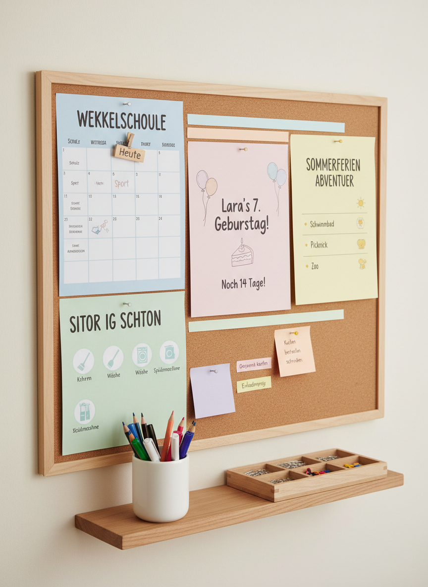 A tidy corkboard mounted on a neutral wall, meticulously arranged with pinned family routines and kids’ birthday planning sheets: a weekly schedule, a chore chart with icons, a birthday countdown, and a simple activity timeline. Coordinated pastel sticky notes and slim, color-coded strips separate sections, while a small “Heute” marker clips onto the current day. A slim ledge beneath holds a pencil cup and a narrow tray with push pins and paper clips. Gentle, diffused daylight from an unseen source creates soft shadows around the pins and paper edges, captured in photographic realism from a slightly angled, eye-level viewpoint. The atmosphere is structured, calm, and reassuring, highlighting practical planning tools for everyday family life and upcoming celebrations.