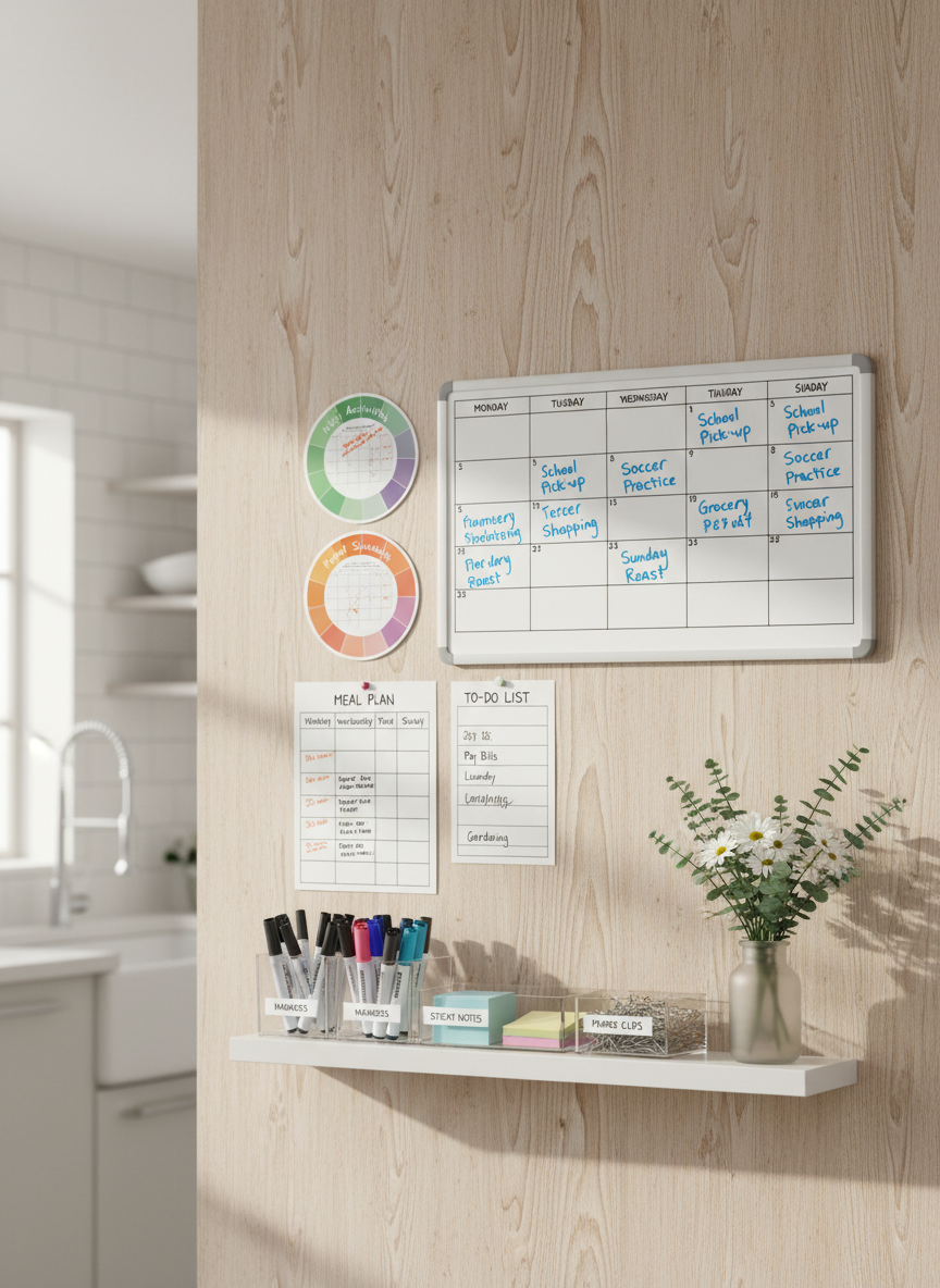 A large, well-organized family command center pinned on a light wooden kitchen wall, featuring a weekly planner board, color-coded calendars, a meal plan sheet, and a to-do list, all written in neat, legible handwriting. Below, labeled storage trays hold markers, sticky notes, and paper clips, next to a small vase with fresh flowers. Soft morning daylight enters from an unseen window, casting gentle, natural shadows and subtle reflections on the glossy planner surfaces. Photographed at eye level in photographic realism, with a clean, modern aesthetic and a shallow depth of field that keeps the focus on the planning tools while the rest of the bright, tidy kitchen softly blurs into the background. The mood feels calm, structured, and inviting, ideal for family organization.
