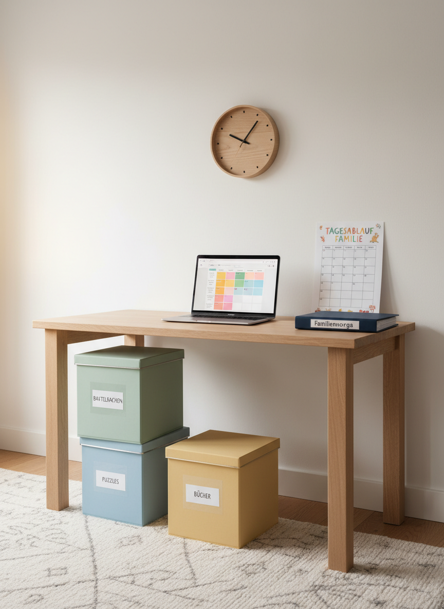 A cozy, well-lit children’s play corner transformed into a quiet planning nook, with a sturdy wooden desk against a white wall, topped with a laptop showing a family calendar, a printed daily routine chart, and a closed binder labeled “Familienorga”. On the side, color-coded storage boxes with clear labels hold craft supplies, puzzles, and books. The floor is covered with a soft neutral rug, and a small, simple wall clock hangs above. Diffused natural daylight creates an even, gentle illumination with minimal harsh shadows. Captured at eye level in photographic realism, the composition is clean and balanced, emphasizing structure, tidiness, and a calm, focused atmosphere suitable for thoughtful family organization.
