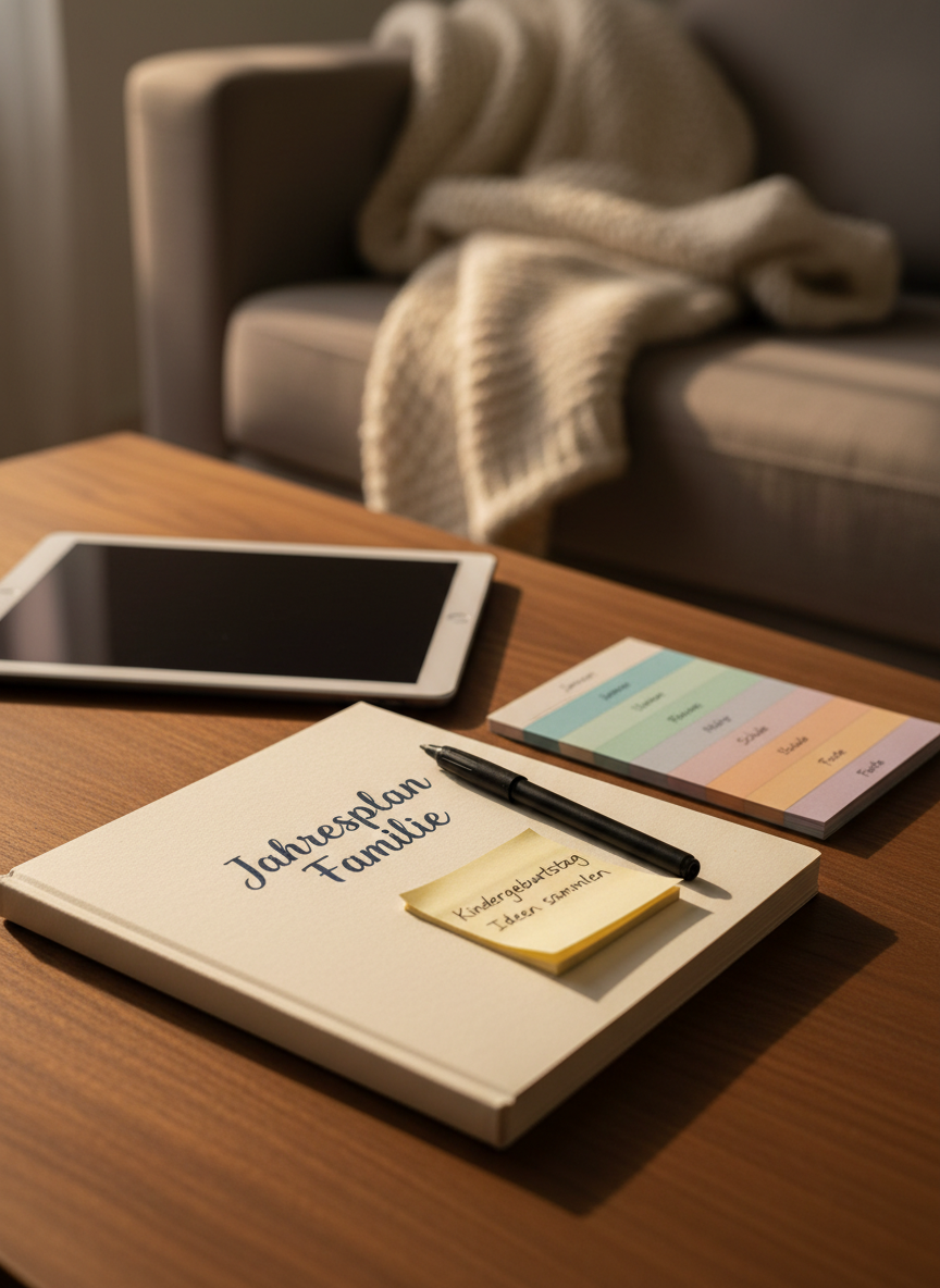 A calm evening living-room scene with a low coffee table arranged as a discrete planning island, holding a closed tablet, a spiral-bound “Jahresplan Familie” planner, and a stack of slim, color-coded dividers labeled with months and themes. On the front page of the planner rests a fineliner pen and a subtle sticky note reading “Kindergeburtstag Ideen sammeln”. The background shows only the lower edge of a neutral sofa and a soft, plain throw blanket. Warm, indirect lamplight casts a cozy glow across the tabletop, creating gentle shadows and emphasizing paper textures in photographic realism. Shot at a low, side angle with shallow depth of field, the atmosphere feels relaxed yet professional, perfect for strategic, long-term family and children’s party organization.