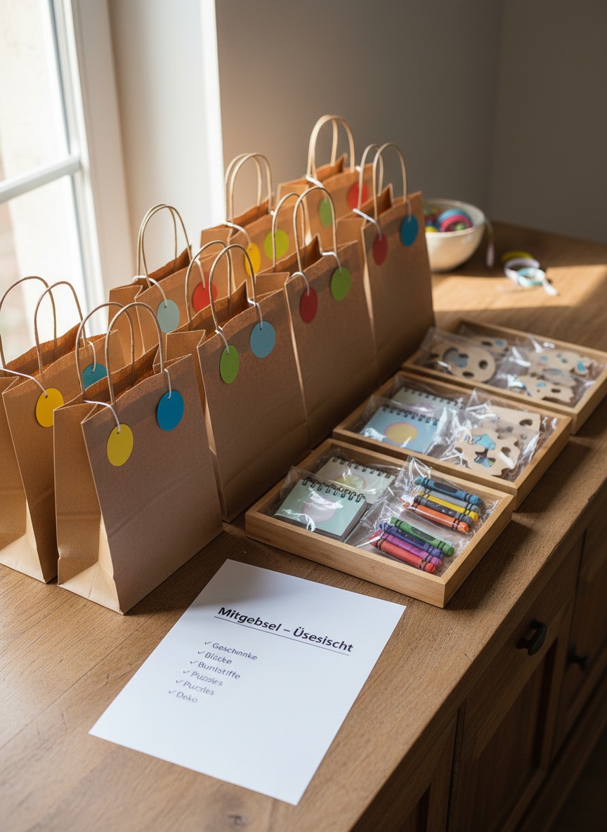 A neatly arranged birthday gift and favor packaging station on a simple wooden sideboard, featuring a row of plain kraft paper gift bags, each tagged with small, color-coded labels. Beside them, shallow trays contain sorted, age-appropriate favor items like mini notebooks, crayons, and simple puzzles, all packaged in transparent pouches. A printed checklist titled “Mitgebsel – Übersicht” lies prominently in the center. Soft morning daylight from a nearby window creates gentle, natural highlights and faint shadows around the objects, captured in photographic realism from a slightly elevated angle. The mood is orderly and thoughtful, with a clean, modern aesthetic that communicates careful planning and pedagogically considered children’s birthday favors.