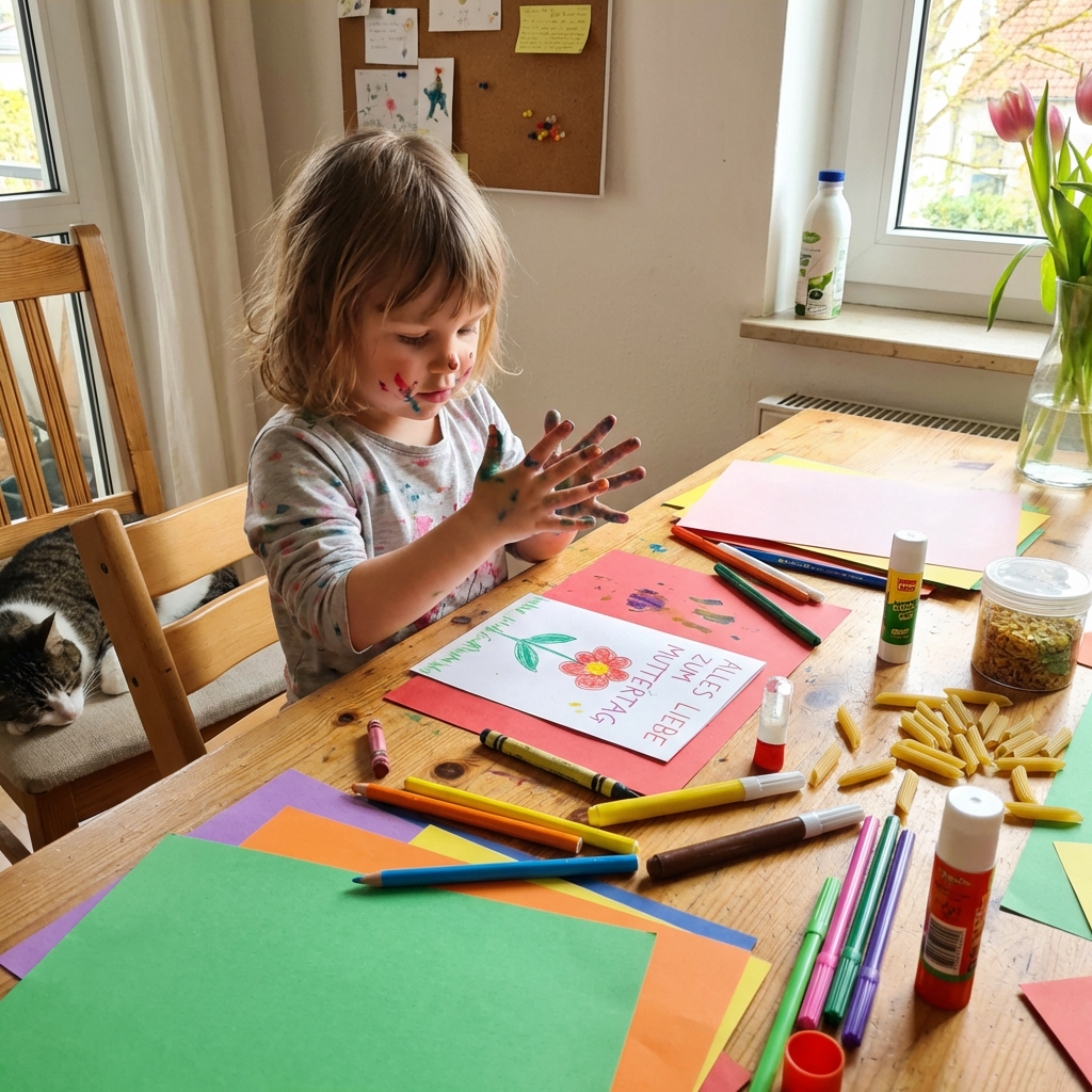 Child making a card with text "ALLES LIEBE ZUM MUTTERTAG" and a flower drawing.