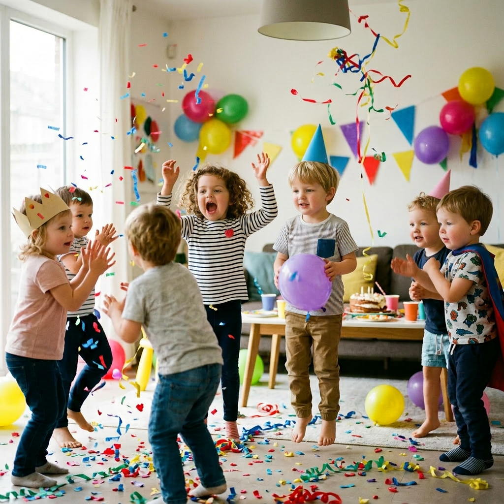 Children celebrating a birthday party indoors with balloons, party hats, and confetti