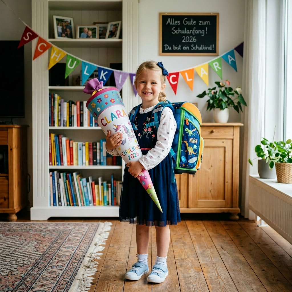 Smiling girl holding decorated school cone with name Clara and backpack